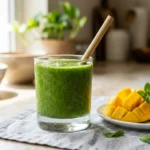 panera green smoothie in a glass with tropical fruit