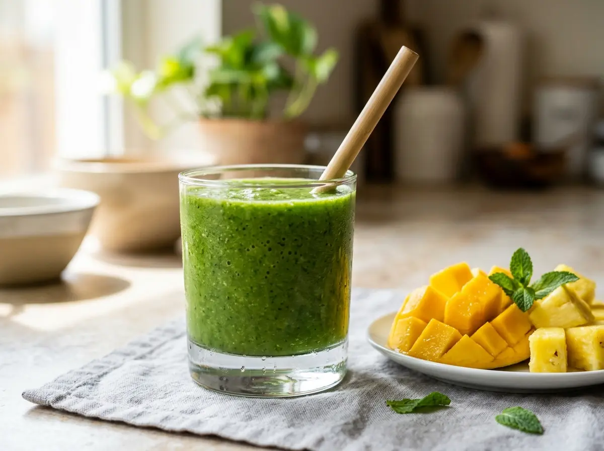 panera green smoothie in a glass with tropical fruit