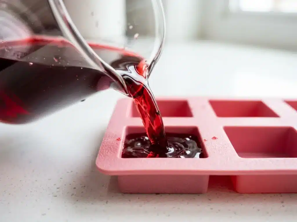 pouring-gelatin-into-silicone-molds Pouring dark red cranberry gelatin liquid from a glass pitcher into pink silicone molds.