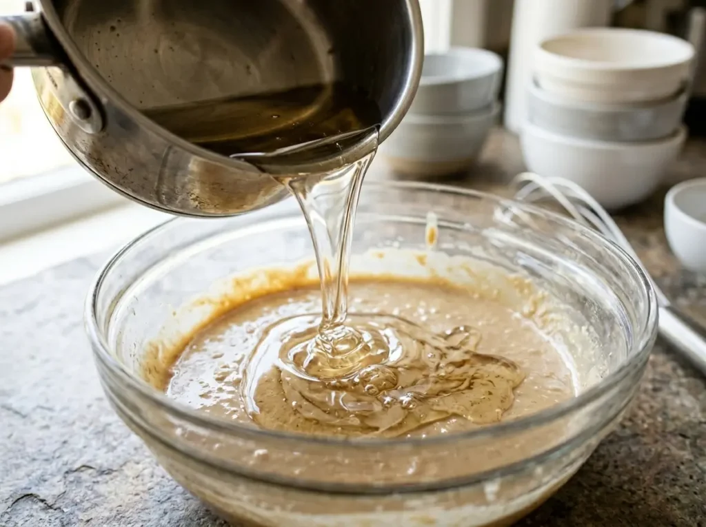Pouring hot sugar syrup to activate the halva recipe.