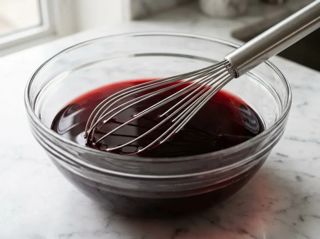 whisking-cranberry-gelatin-liquid Stainless steel whisk in a glass bowl of smooth, translucent red gelatin liquid.