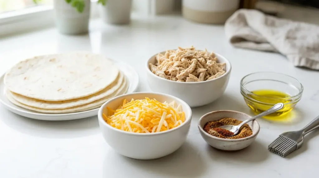 Chicken, shredded cheese, tortillas, and seasoning ready to make a quesadilla