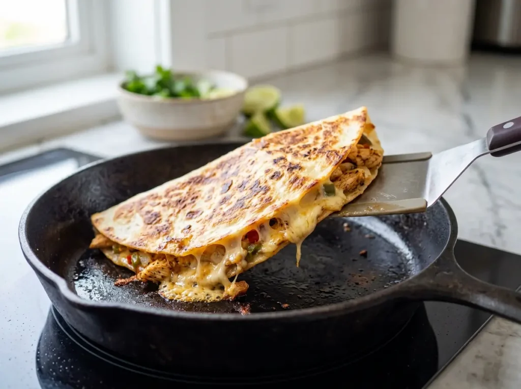 Chicken quesadilla cooking in a skillet until golden and crisp