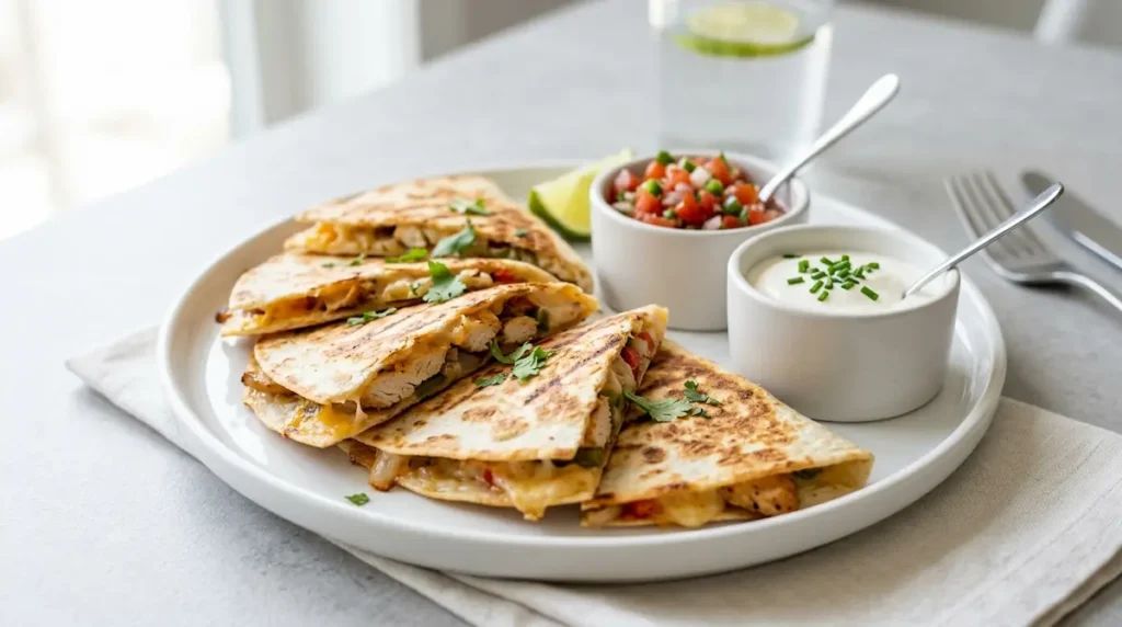  Chicken quesadilla wedges served with salsa and sour cream on a clean plate