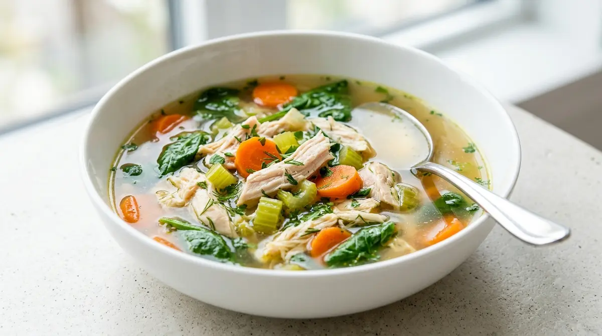 Cozy soup bowl recipe in a modern white bowl with vegetables and herbs.