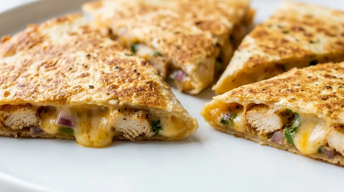 Close-up chicken quesadilla with melted cheese and golden tortilla on a clean white plate