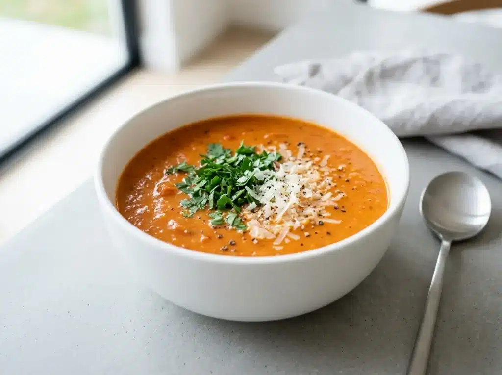 Finished soup bowl recipe topped with parsley and served in a clean bowl