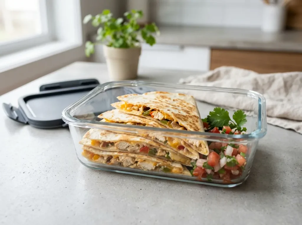 Leftover chicken quesadilla slices stored for reheating