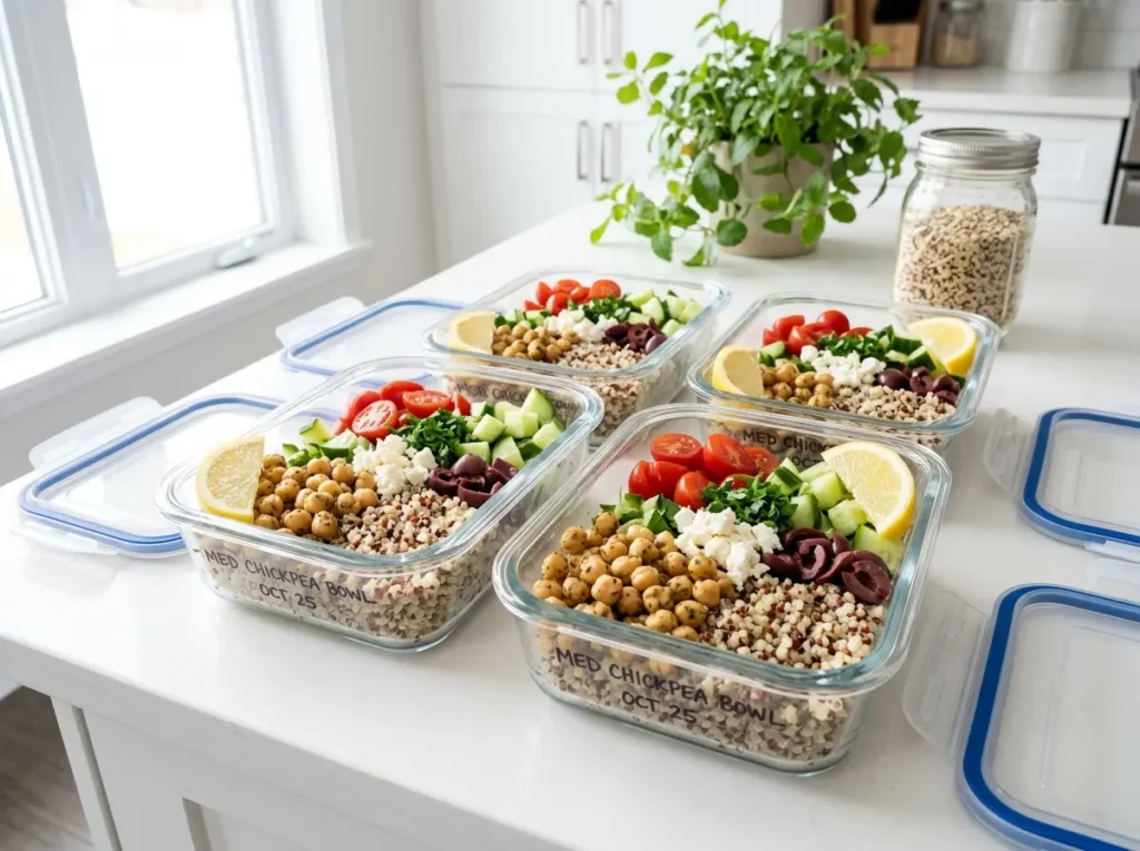 Vegetarian lunch bowls with chickpeas, quinoa, cucumber, tomatoes, olives, and feta.