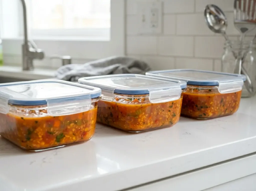 Red lentil soup in meal prep containers for vegetarian meal prep ideas.