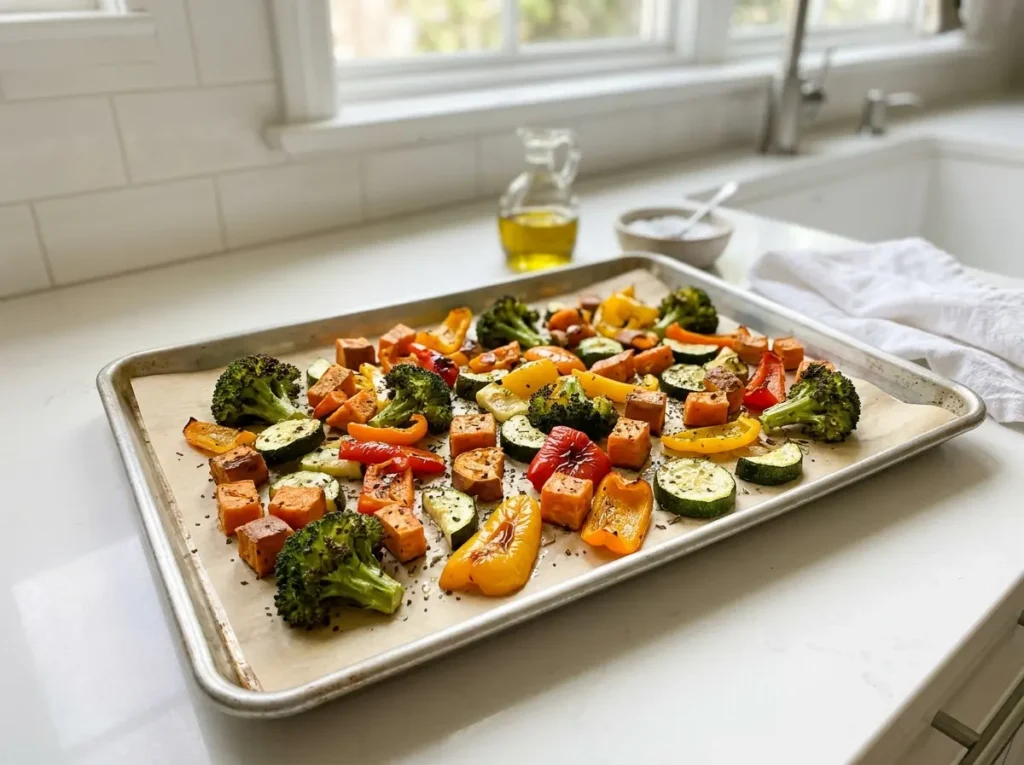 Roasted broccoli, bell peppers, and sweet potatoes prepared for vegetarian meal prep.