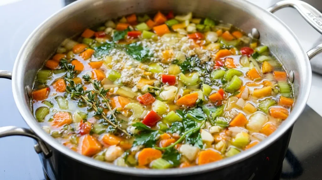 Soup base simmering in a modern pot with vegetables and broth