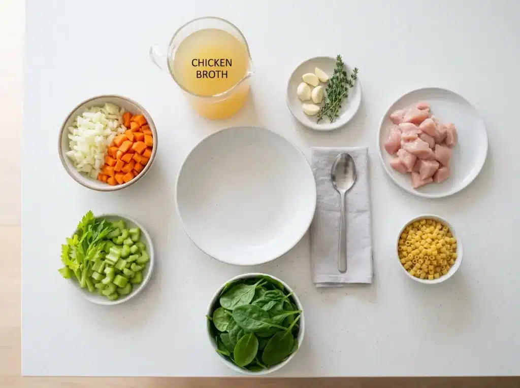 Soup bowl recipe ingredients arranged neatly on a clean modern surface.