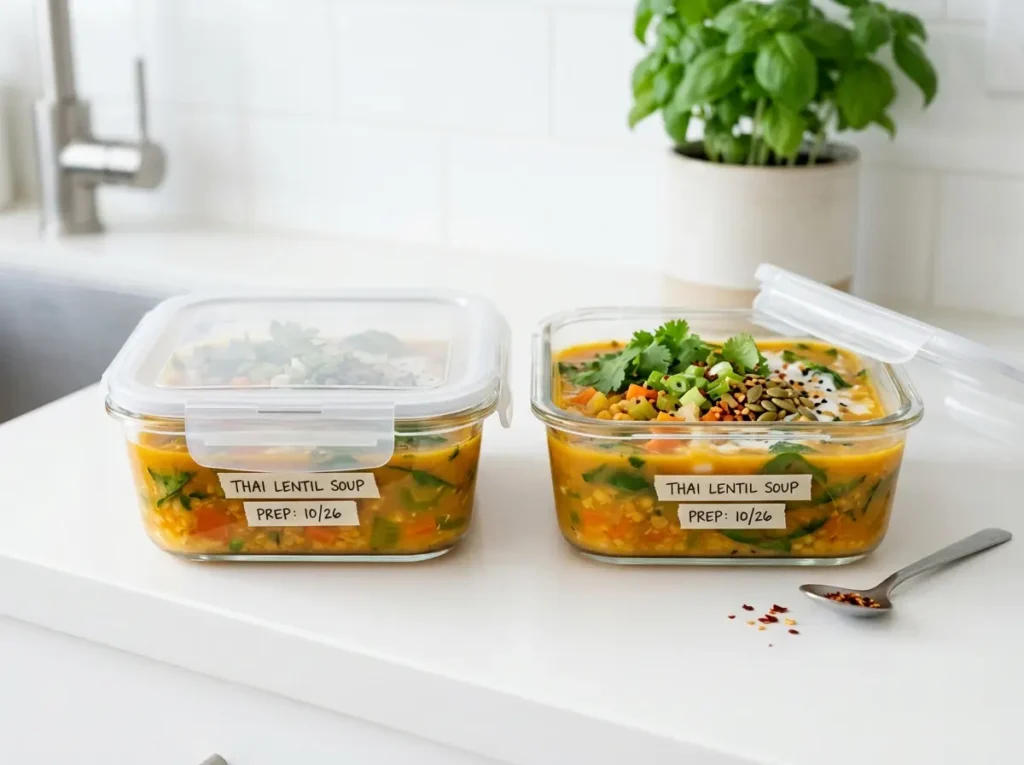 Soup bowl recipe packed into modern meal prep containers for later