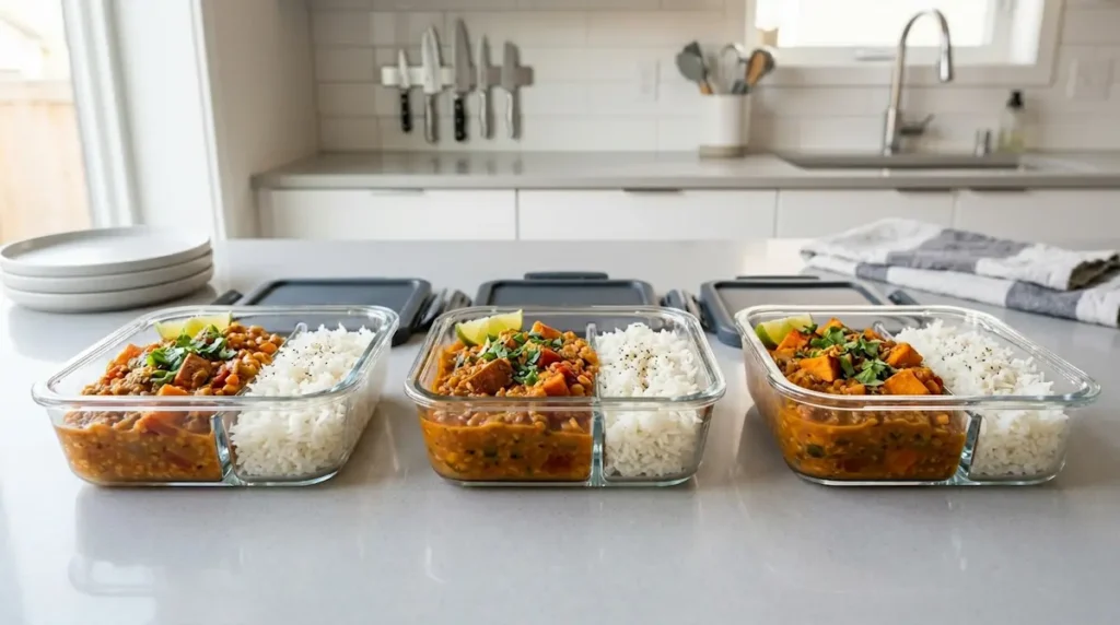  Vegetarian meal prep with red lentil and sweet potato curry served with rice.
