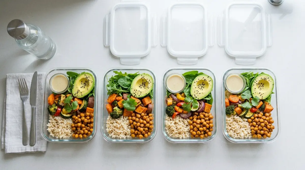 Vegetarian meal prep bowls with rice, roasted vegetables, chickpeas, and avocado in glass containers.
