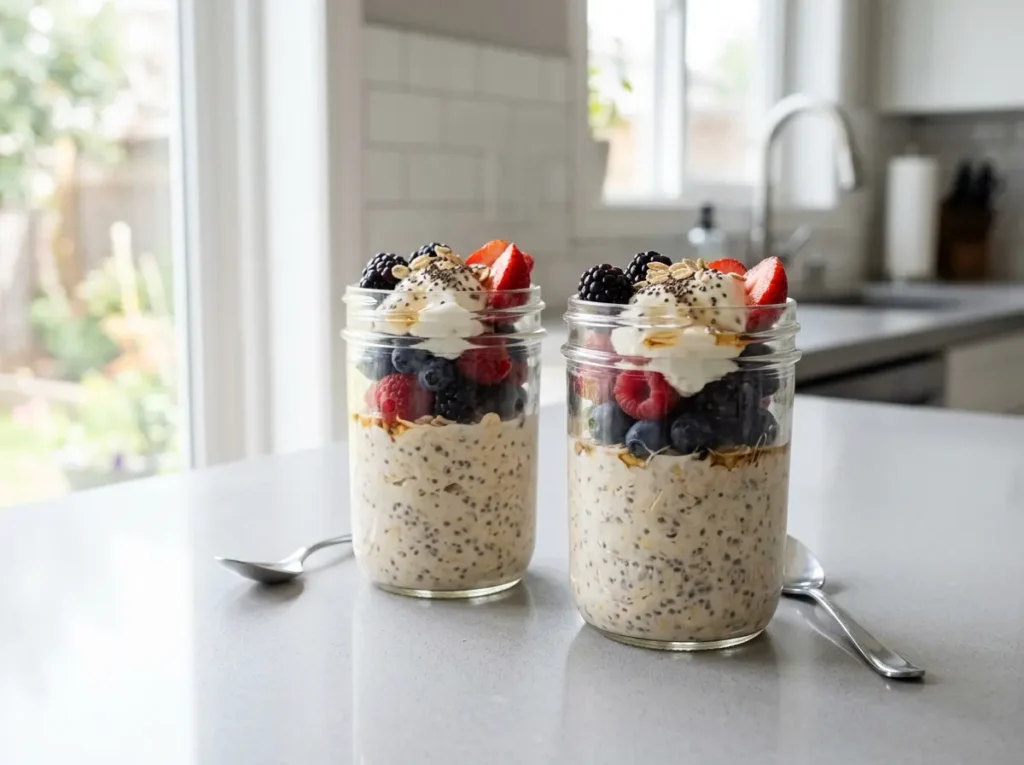 Overnight oats in glass jars topped with fruit, seeds, and yogurt for vegetarian meal prep.