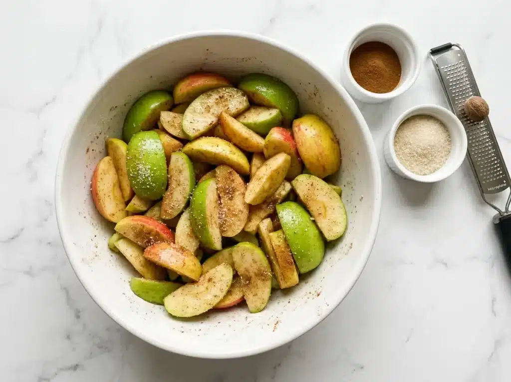 Apple Pie Recipe: The Best Homemade Apple Pie From Scratch 2 Apple pie recipe preparation showing sliced Granny Smith and Honeycrisp apples in a white bowl tossed with cinnamon sugar on white marble