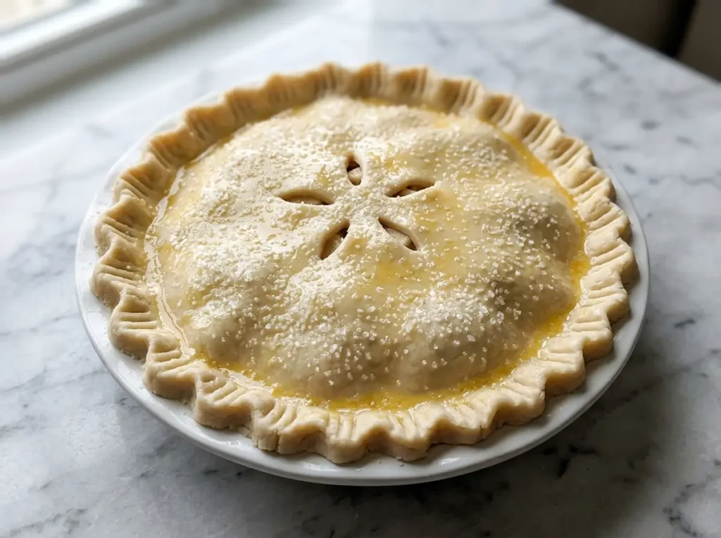 Apple Pie Recipe: The Best Homemade Apple Pie From Scratch 3 Unbaked apple pie recipe showing detailed crimped pastry edge and egg wash glaze with sugar sprinkle on white marble