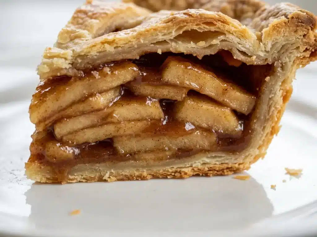 Apple Pie Recipe: The Best Homemade Apple Pie From Scratch 4 Close-up of apple pie recipe filling showing thick glossy cinnamon spiced apple slices inside a flaky pastry slice