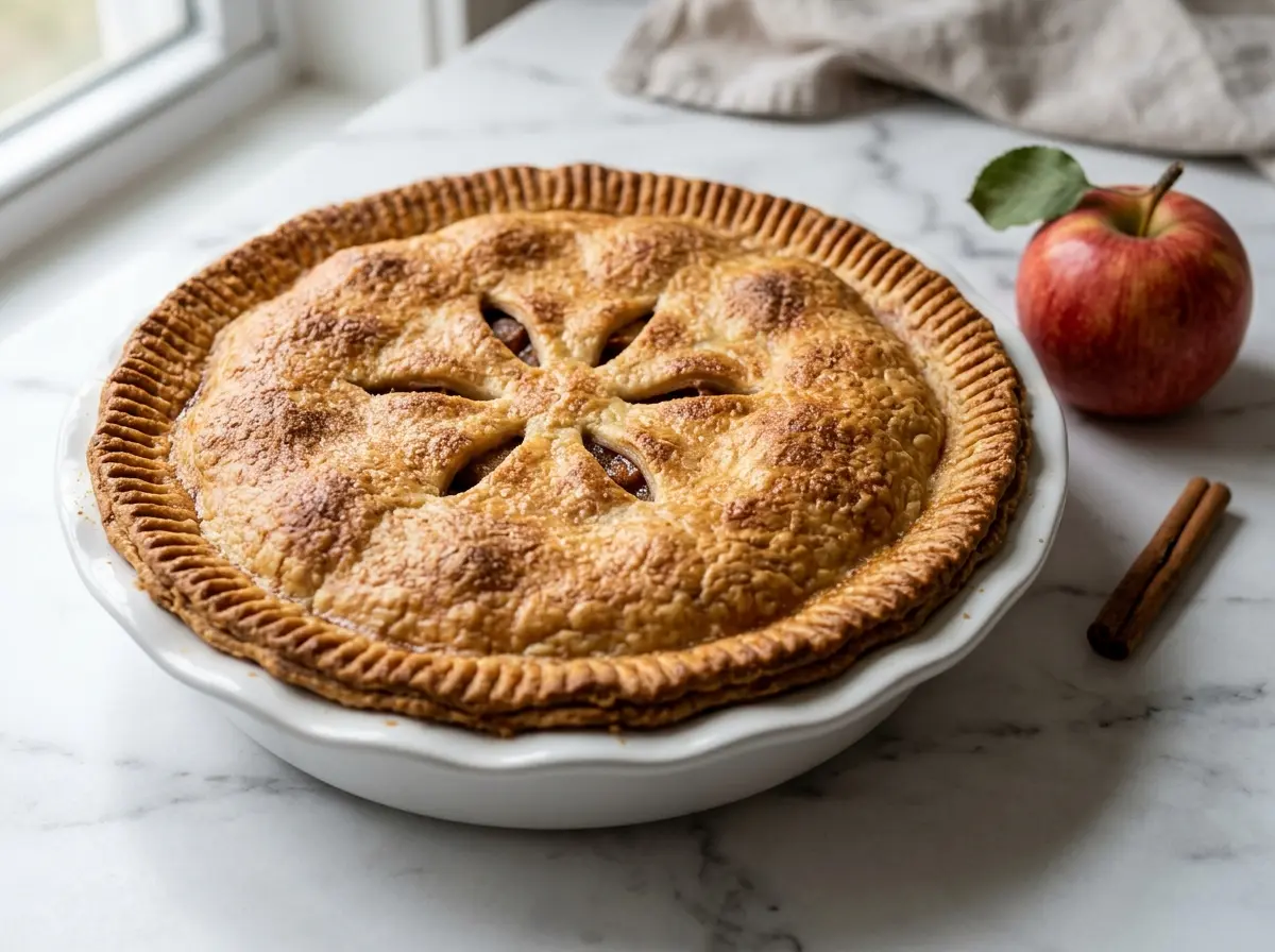 Apple pie recipe, whole golden brown double crust apple pie in a white ceramic pie dish on white marble with a cinnamon stick and red apple beside it