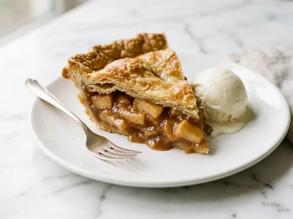 Apple Pie Recipe: The Best Homemade Apple Pie From Scratch 1 Slice of homemade apple pie recipe on a white plate with a scoop of vanilla ice cream and visible cinnamon apple filling