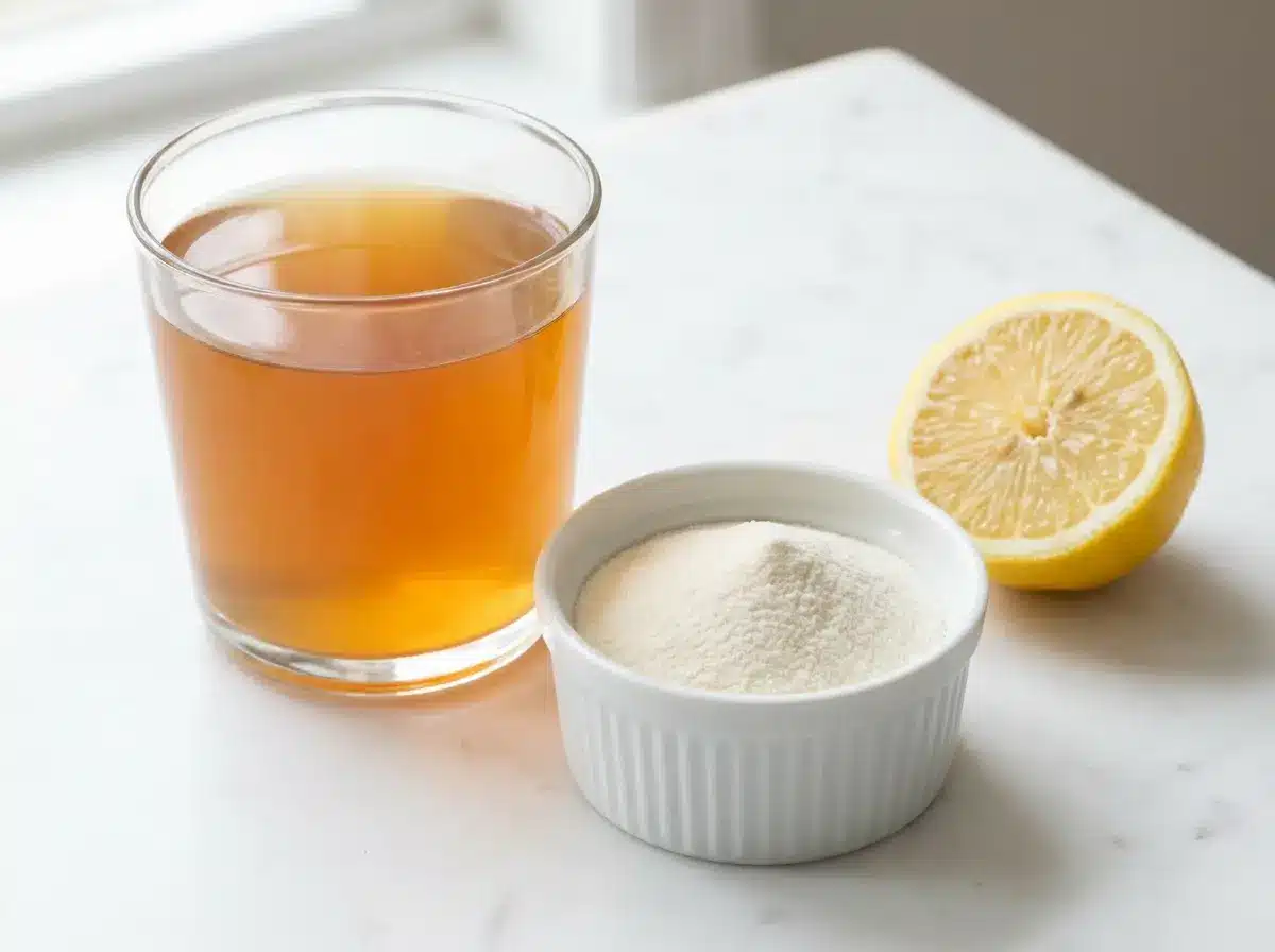 Beef gelatin benefits for men, clear glass of warm gelatin drink with unflavored beef gelatin powder in a small white bowl on white marble