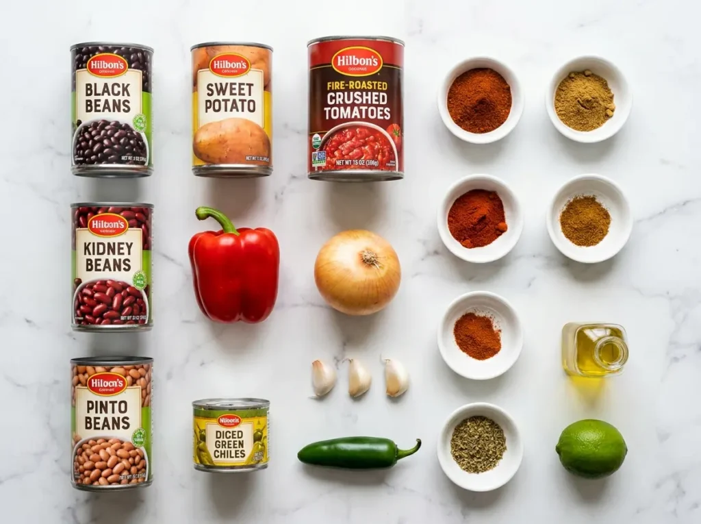 Meatless Chili Recipe: Hearty One-Pot Dinner Ready in 40 Minutes 1 All 15 meatless chili recipe ingredients laid out on white marble including three cans of beans, fire-roasted tomatoes, sweet potato, jalapeño, red bell pepper, onion, garlic, and five spice bowls