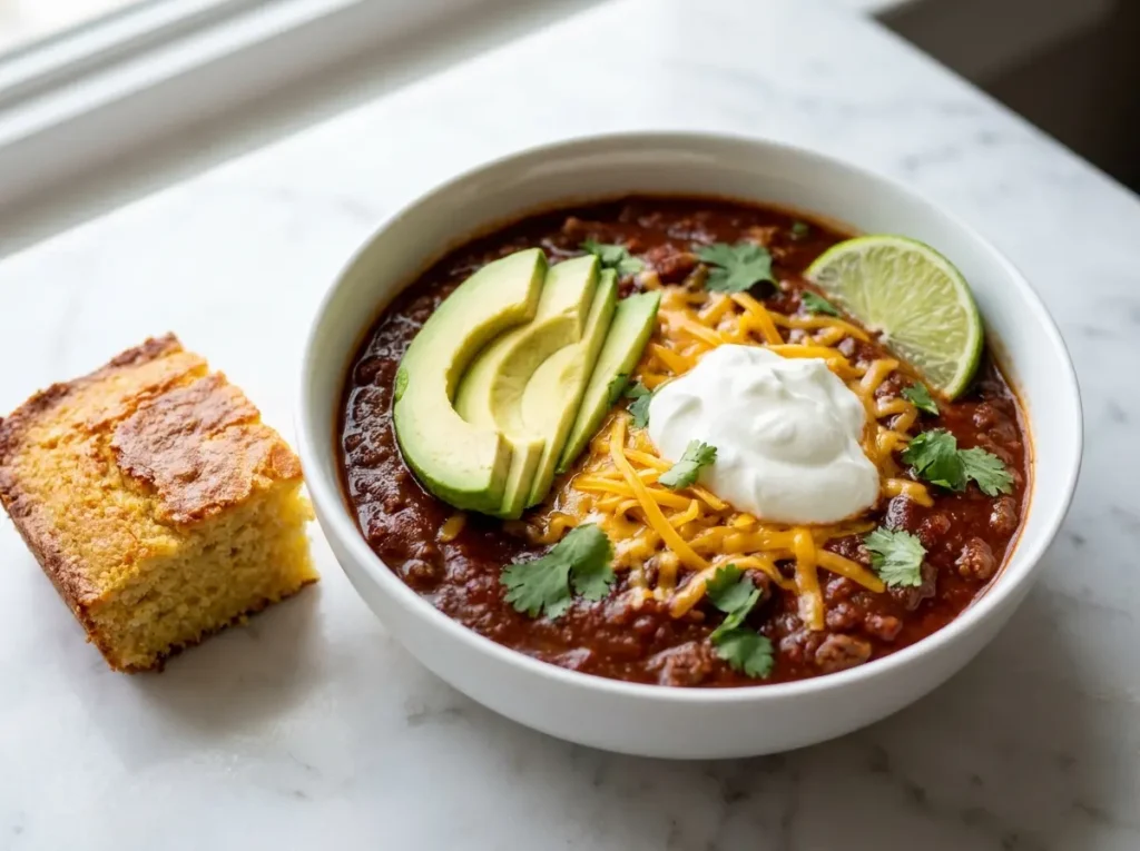 Meatless Chili Recipe: Hearty One-Pot Dinner Ready in 40 Minutes 4 Meatless chili recipe served in a white bowl with sliced avocado, shredded cheddar, Greek yogurt, fresh cilantro, lime wedge, and a square of golden cornbread on the side on white marble