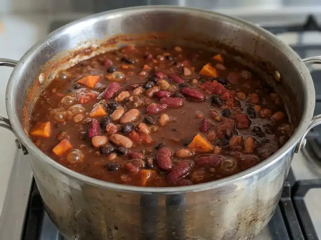 Meatless Chili Recipe: Hearty One-Pot Dinner Ready in 40 Minutes 3 Thick meatless chili recipe simmering uncovered in a large pot on the stovetop, visible beans, sweet potato cubes, and dark red tomato base bubbling gently