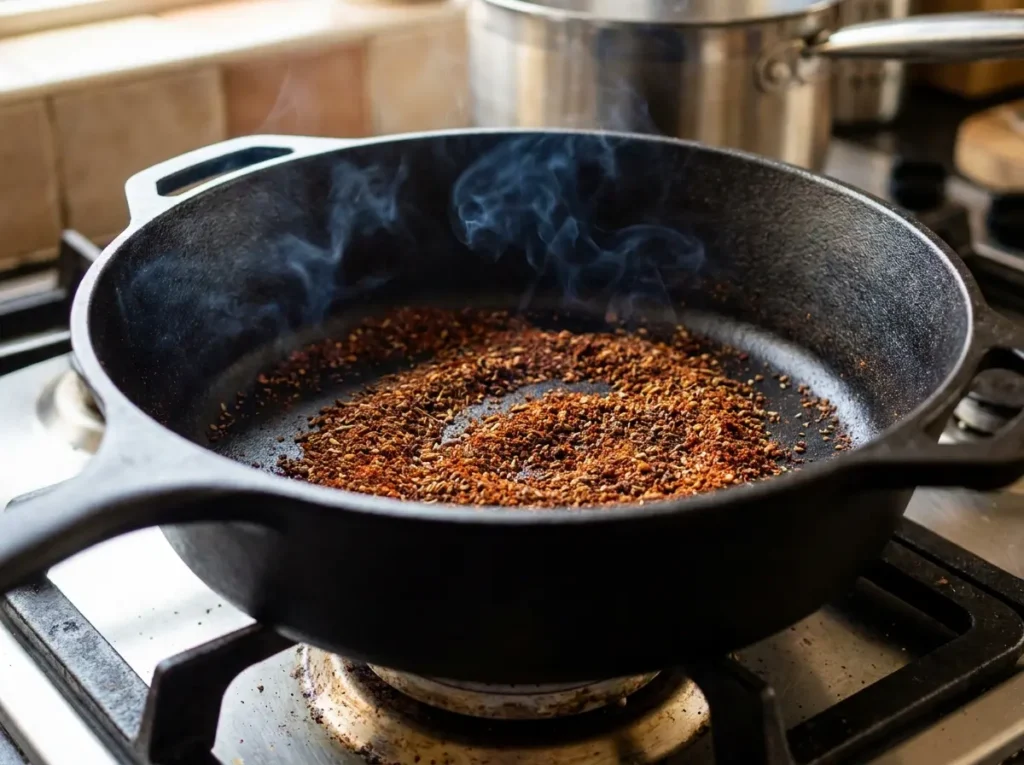 Meatless Chili Recipe: Hearty One-Pot Dinner Ready in 40 Minutes 2 Dry spices toasting in a black Dutch oven for the meatless chili recipe spice bloom technique, cumin and smoked paprika darkening in the hot pot