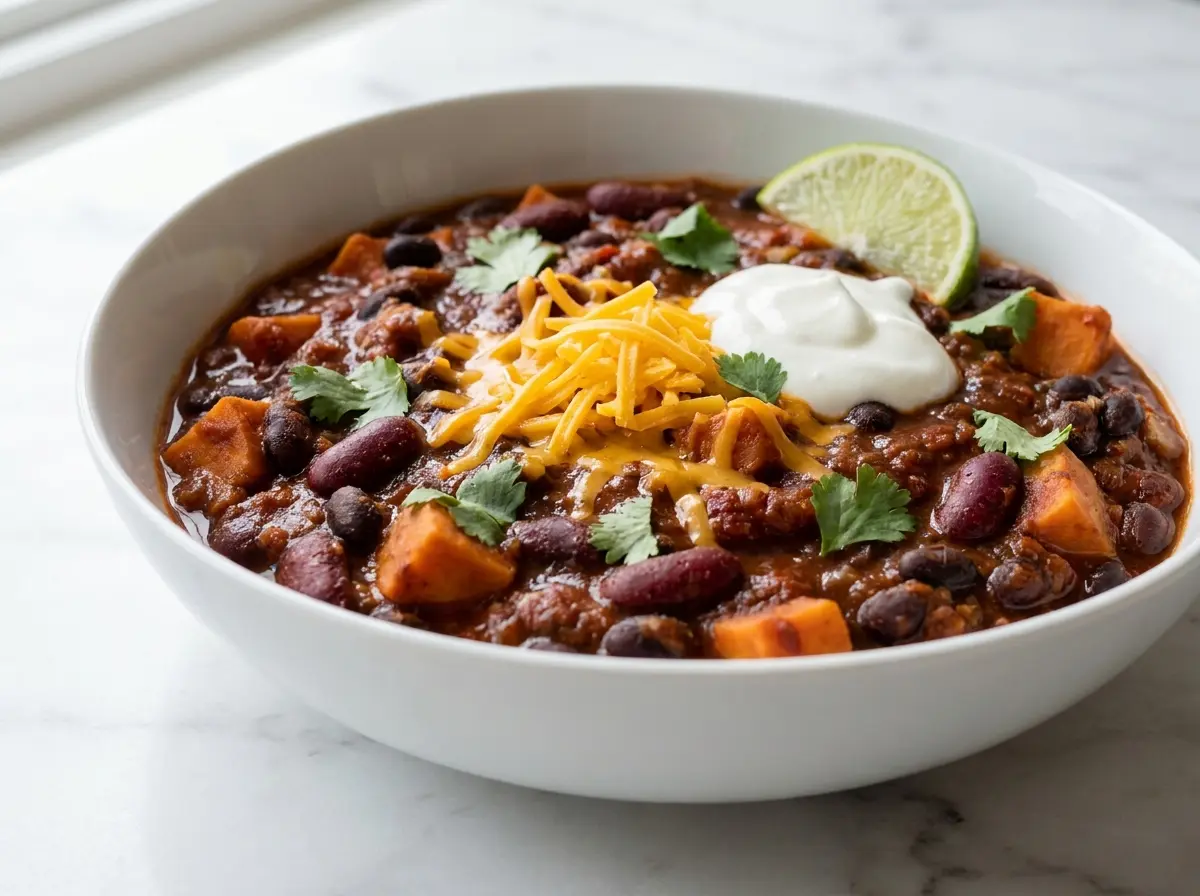 Bowl of meatless chili recipe with kidney beans, black beans, sweet potato, shredded cheddar, Greek yogurt, and fresh cilantro on white marble
