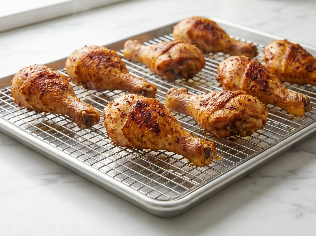 Oven baked chicken leg recipe on a wire rack sheet pan, golden crispy drumsticks with dark spice crust, white marble background