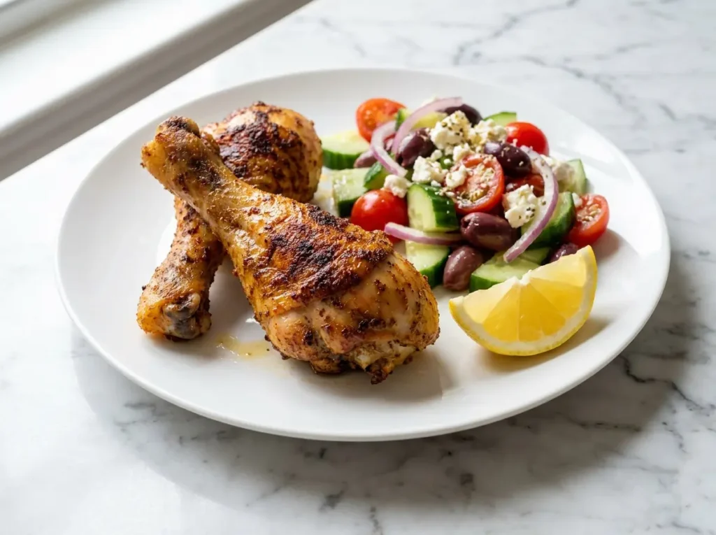Easy Oven Baked Chicken Leg Recipe: Crispy Skin, Juicy Meat in 45 Minutes 4 Two oven baked chicken drumsticks plated on a white plate with classic Greek salad and lemon wedge, white marble background