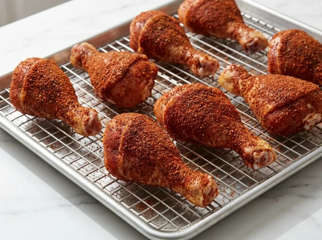 Easy Oven Baked Chicken Leg Recipe: Crispy Skin, Juicy Meat in 45 Minutes 2 Eight raw chicken drumsticks coated in dark red spice rub arranged on wire rack ready for oven baked chicken leg recipe