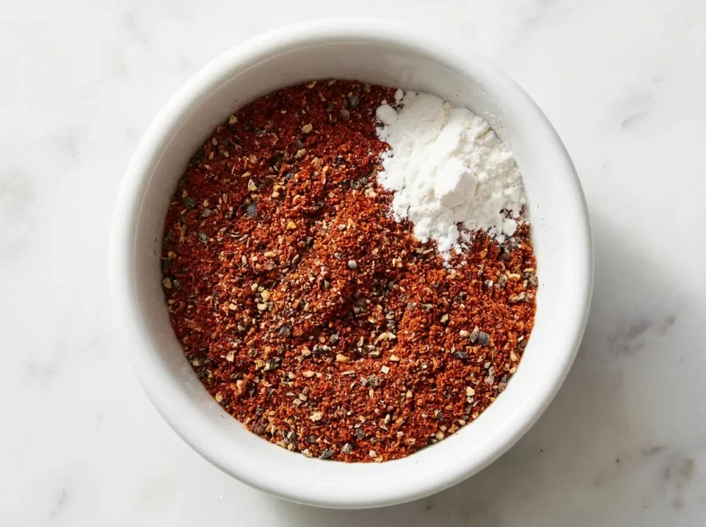 Easy Oven Baked Chicken Leg Recipe: Crispy Skin, Juicy Meat in 45 Minutes 1 Small white bowl of spice rub for oven baked chicken leg recipe showing smoked paprika, garlic powder, cayenne and baking powder mixed together