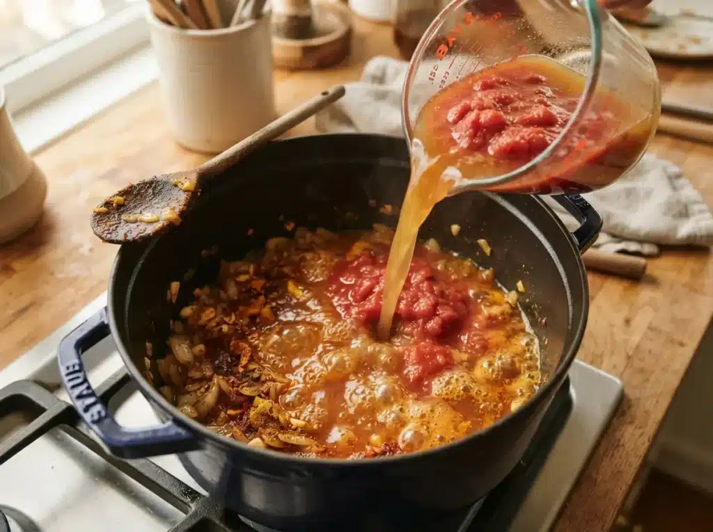 Chicken Curry Recipe: Rich, Comforting, and Restaurant-Style at Home 5 Tomatoes and broth poured into curry spice mixture