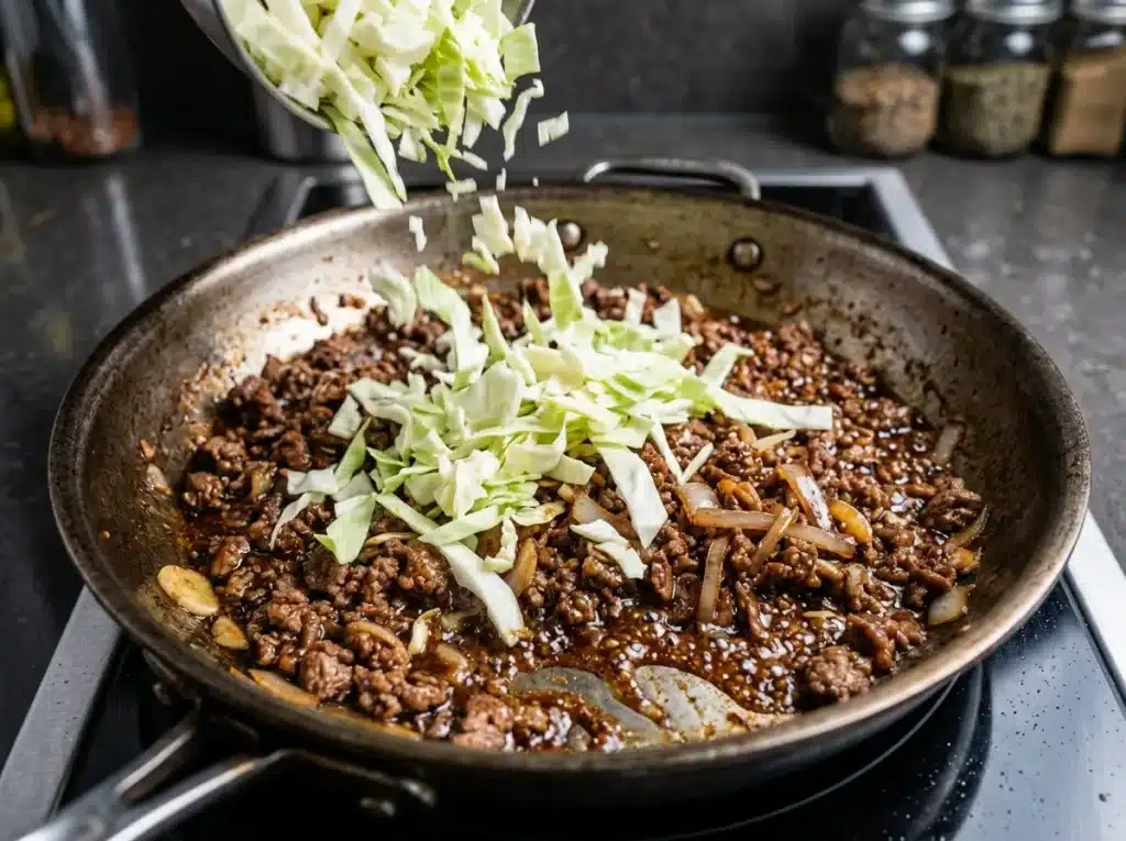 Dirty Cabbage Recipe With Ground Beef: Smoky One-Pan Dinner 3 Cabbage being stirred into the dirty cabbage skillet