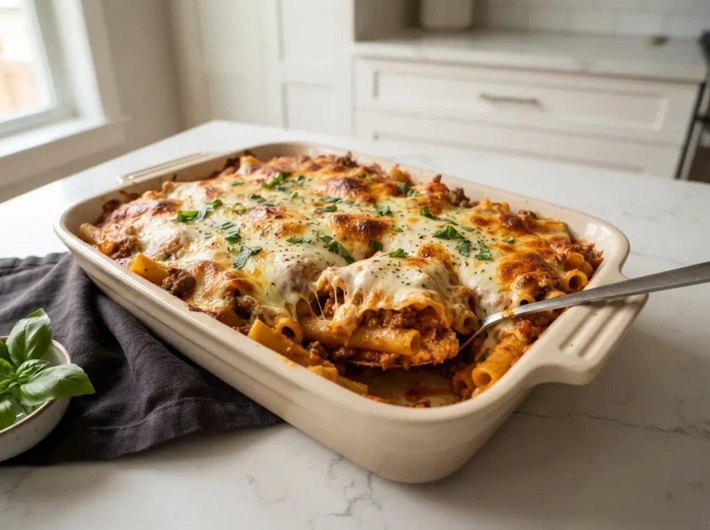 15 Easy Ground Beef Recipes for Busy Weeknight Dinners 5 A baking dish of pasta bake with ground beef and melted mozzarella.