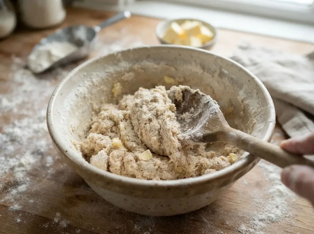 Sour Cream Biscuits 3 Ingredients 1 Biscuit dough being mixed in a bowl.
