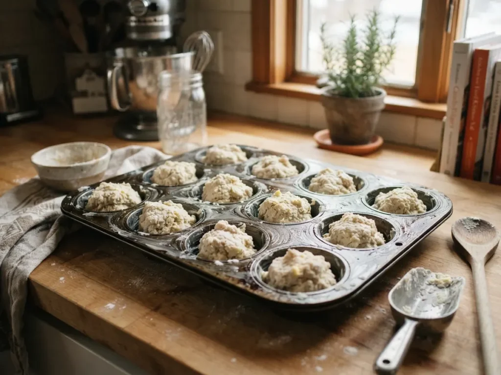Sour Cream Biscuits 3 Ingredients 3 Dough spooned into a muffin tin.
