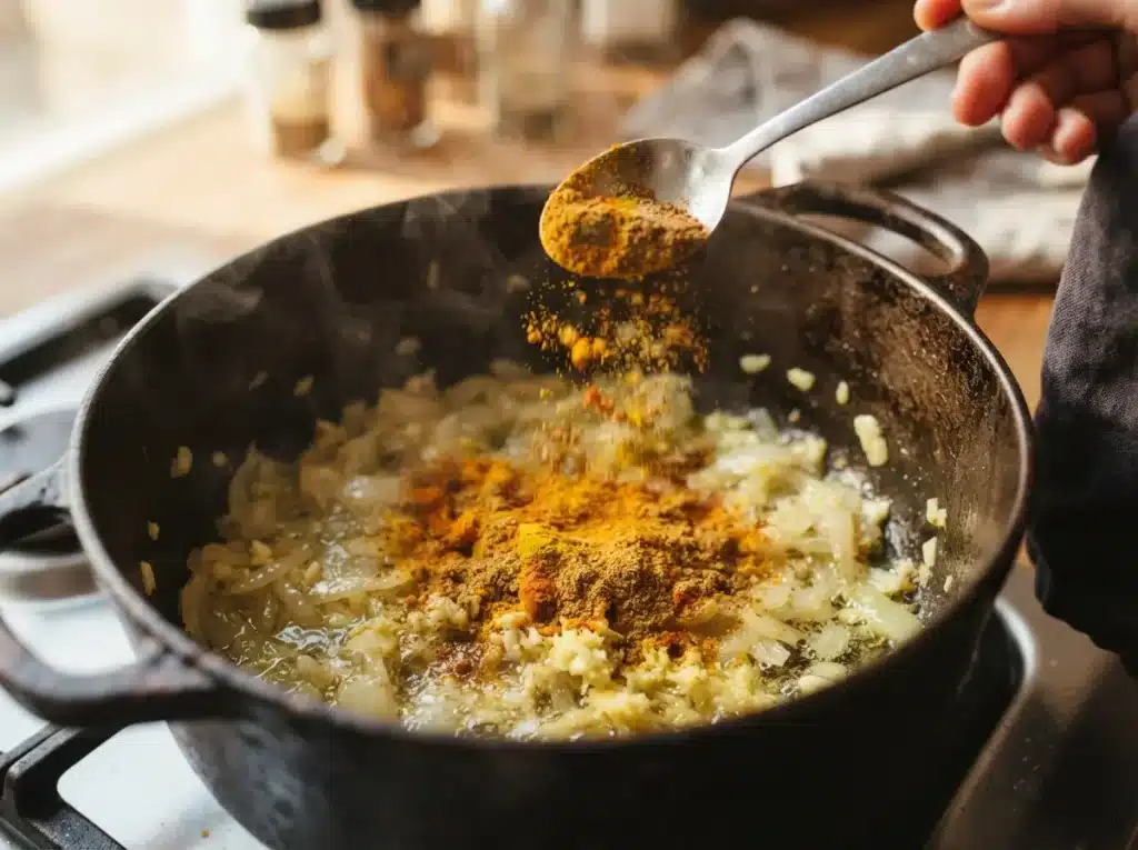 Chicken Curry Recipe: Rich, Comforting, and Restaurant-Style at Home 4 Curry powder and spices added to onion mixture for chicken curry