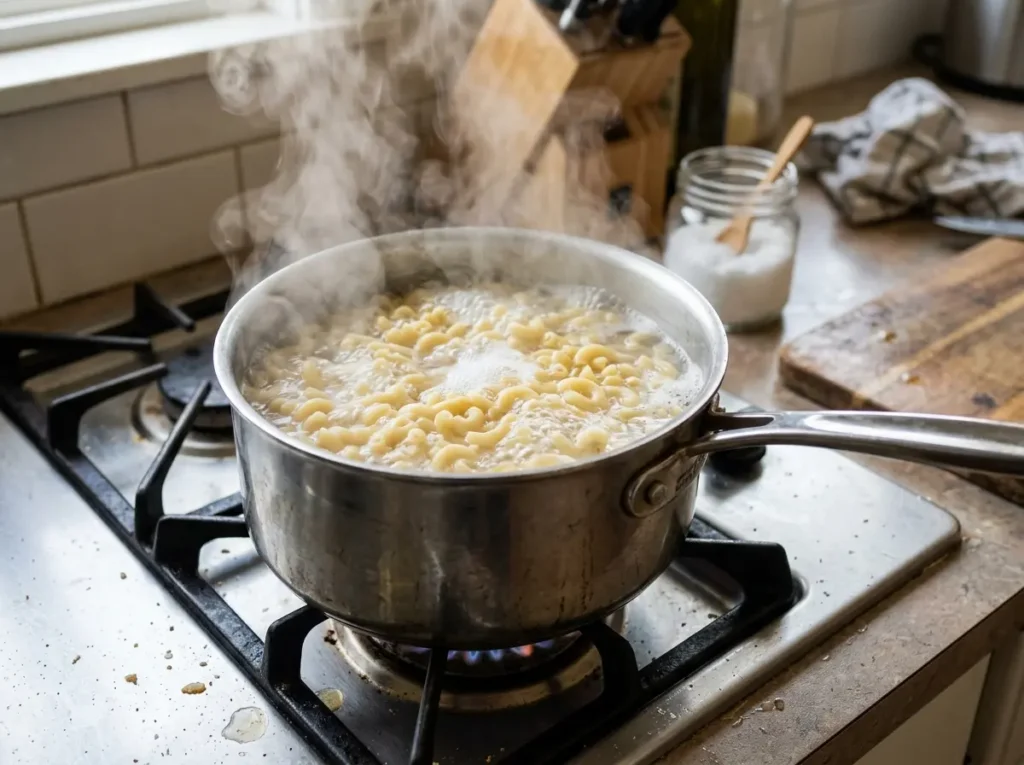 Easy Macaroni Salad Recipe: Creamy, Tangy, and Ready in 30 Minutes 2 Elbow macaroni boiling in a pot of salted water