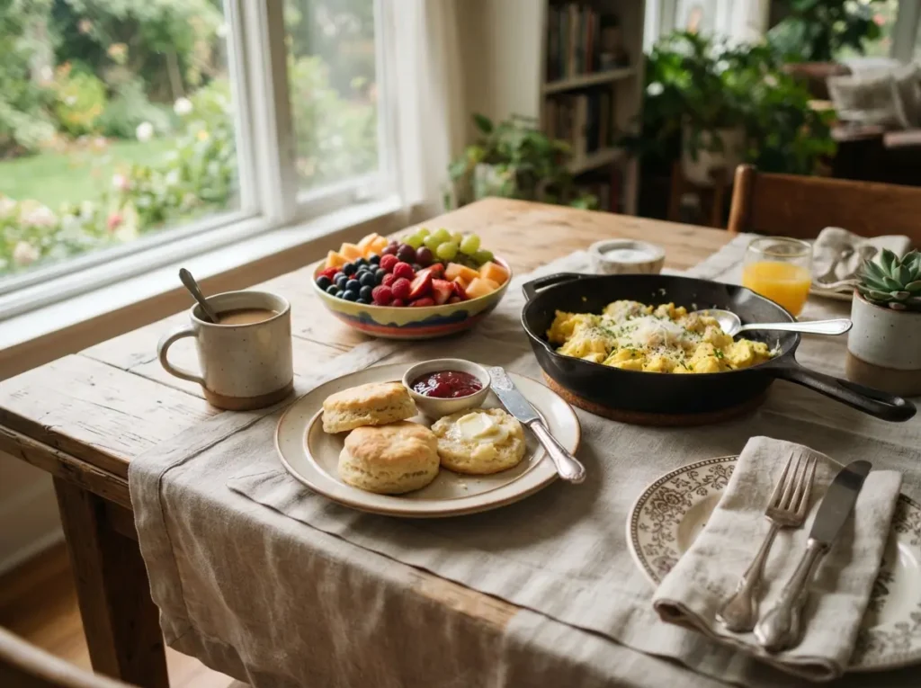 Sour Cream Biscuits 3 Ingredients 7 Biscuits served with eggs and fruit.