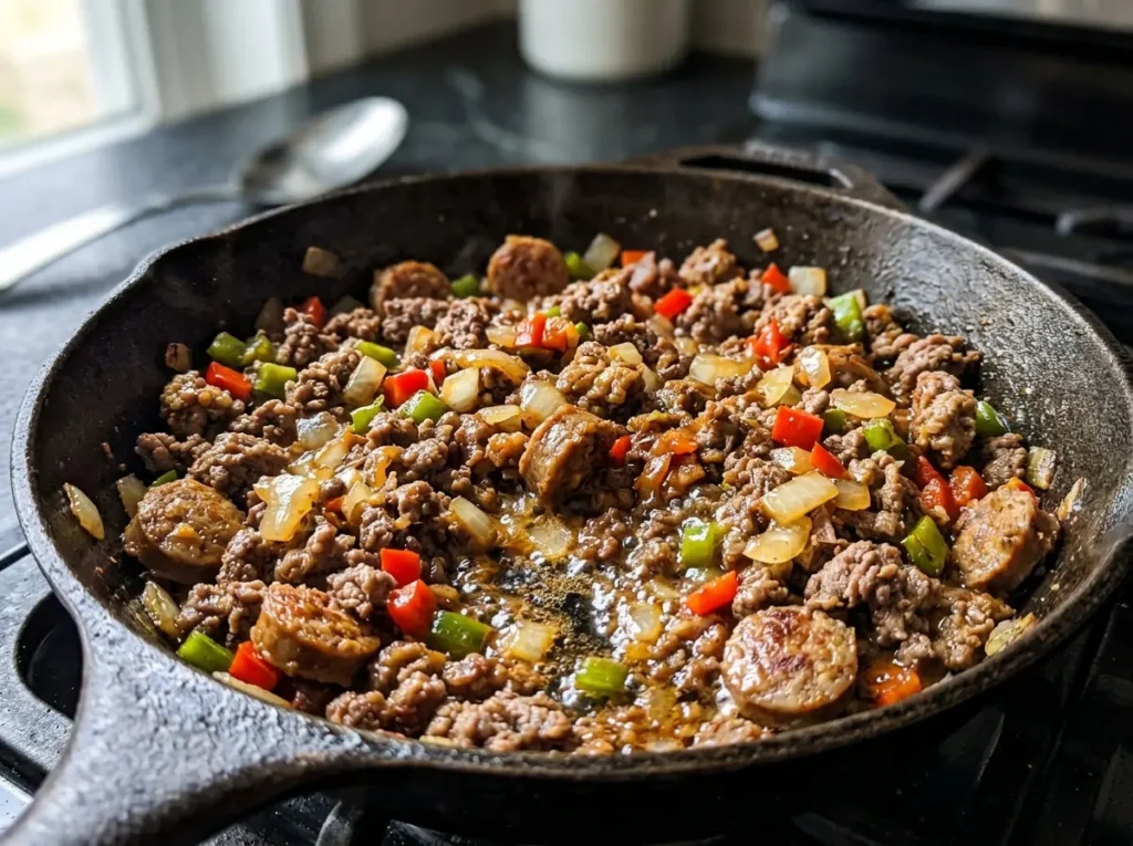 Dirty Cabbage Recipe With Ground Beef: Smoky One-Pan Dinner 2 Ground beef and sausage cooking in a skillet