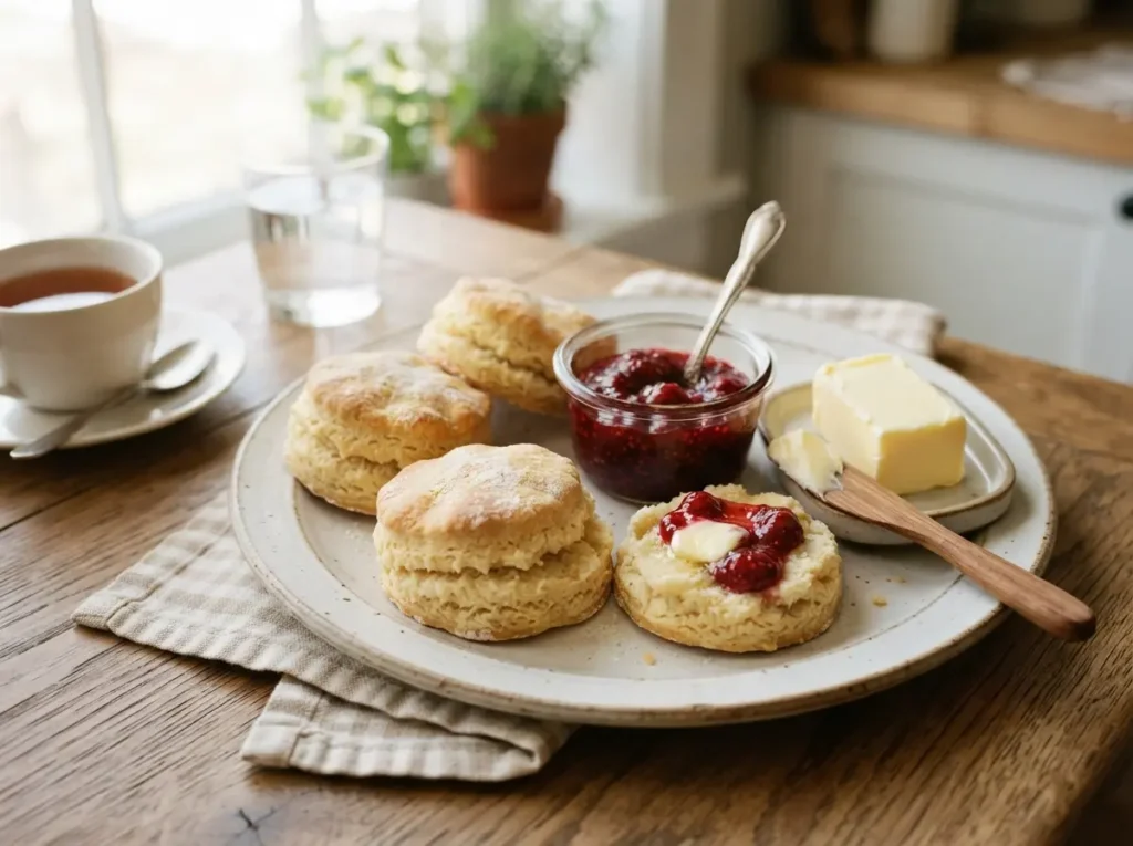 Sour Cream Biscuits 3 Ingredients 6 Biscuits split with butter and jam.