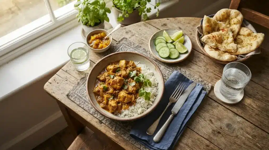Chicken Curry Recipe: Rich, Comforting, and Restaurant-Style at Home 9 Chicken curry served with rice, naan, and cucumber salad on a dinner table