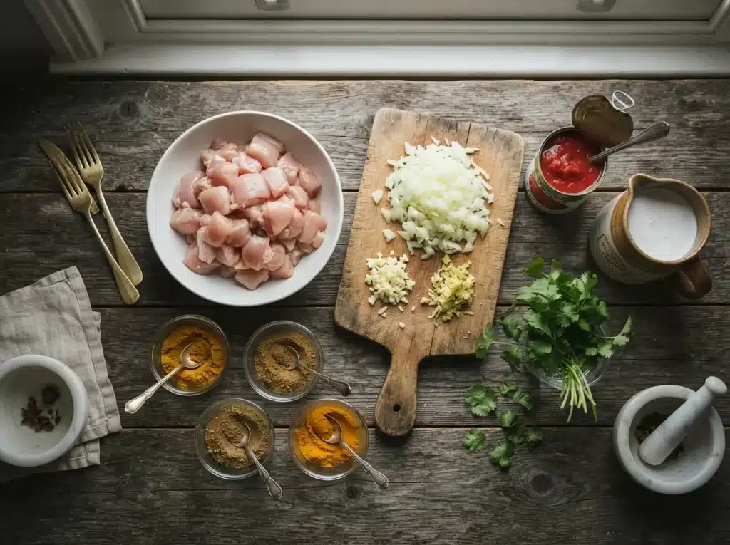 Chicken Curry Recipe: Rich, Comforting, and Restaurant-Style at Home 1 Raw ingredients for chicken curry including chicken, spices, and tomatoes