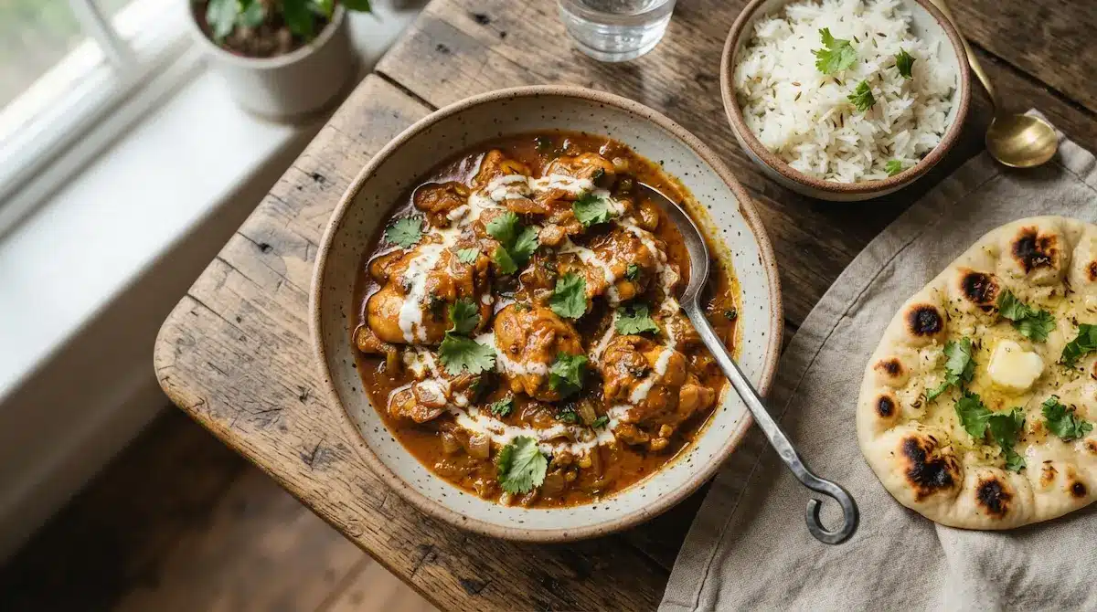 Chicken curry recipe in a bowl with basmati rice and naan bread