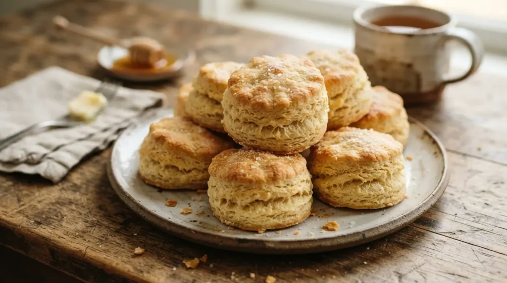 Sour Cream Biscuits 3 Ingredients 8 Finished sour cream biscuits on a rustic plate.